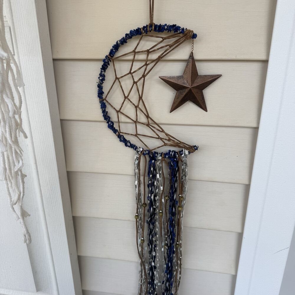 Moon & Star Dream Catcher - Blue & Bronze Wall Hanging, Celestial Room Decor 26" - Picture 2 of 6